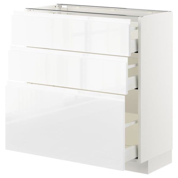 METOD / MAXIMERA base cabinet with 3 drawers, white/Voxtorp high-gloss/white, 80x37 cm