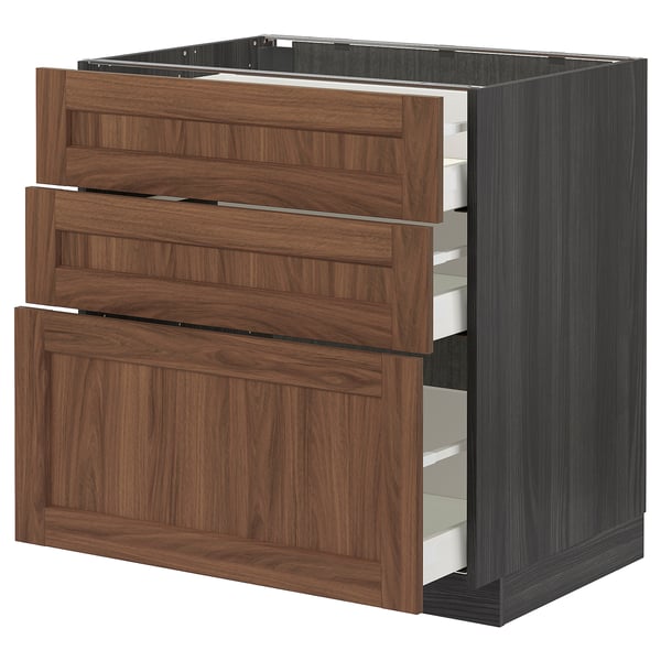 METOD / MAXIMERA base cabinet with 3 drawers, black Enköping/brown walnut effect, 80x60 cm