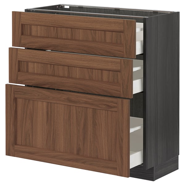 METOD / MAXIMERA base cabinet with 3 drawers, black Enköping/brown walnut effect