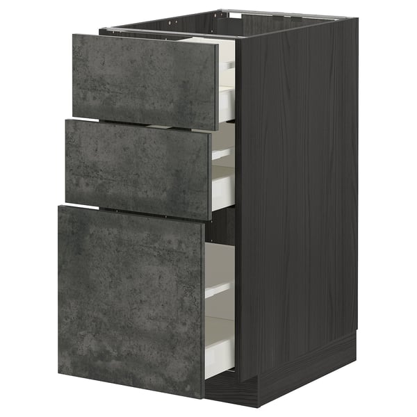 METOD / MAXIMERA base cabinet with 3 drawers, black/Kalhyttan dark grey concrete effect, 40x60 cm