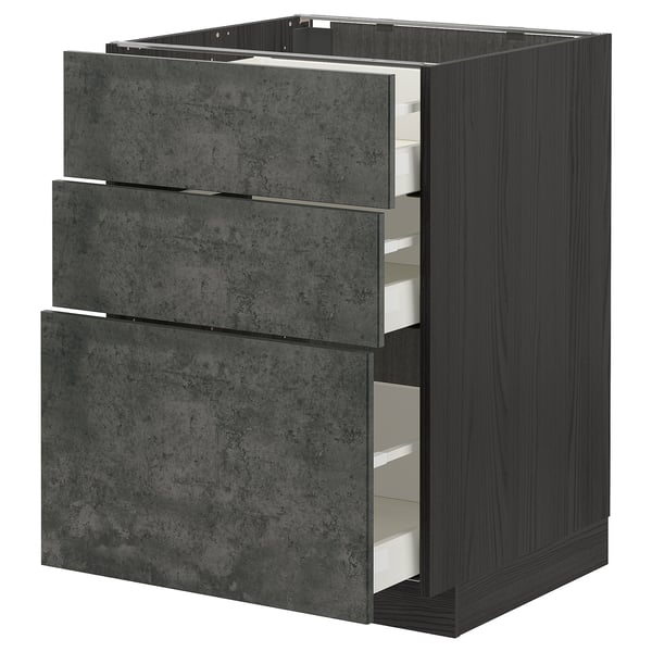 METOD / MAXIMERA base cabinet with 3 drawers, black/Kalhyttan dark grey concrete effect, 60x60 cm