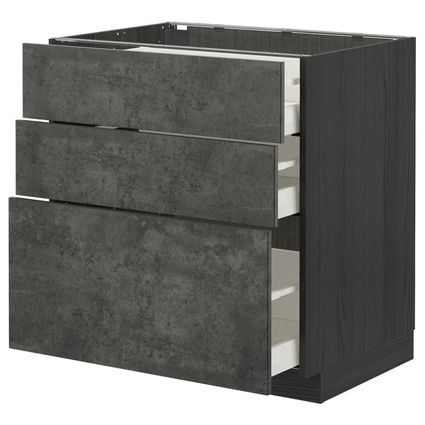 METOD / MAXIMERA base cabinet with 3 drawers, black/Kalhyttan dark grey concrete effect, 80x60 cm