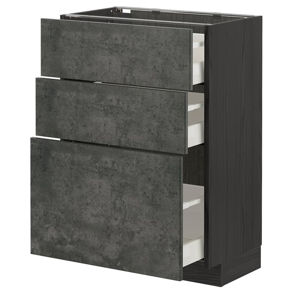 METOD / MAXIMERA base cabinet with 3 drawers, black/Kalhyttan dark grey concrete effect, 60x37 cm