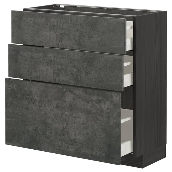METOD / MAXIMERA base cabinet with 3 drawers, black/Kalhyttan dark grey concrete effect