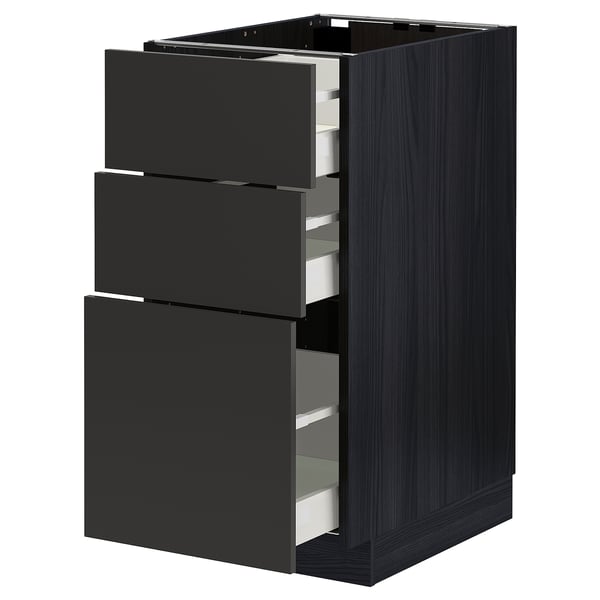 METOD / MAXIMERA base cabinet with 3 drawers, black/Nickebo matt anthracite, 40.0x80.0x60.0 cm