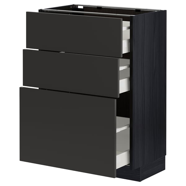METOD / MAXIMERA base cabinet with 3 drawers, black/Nickebo matt anthracite, 60x37 cm