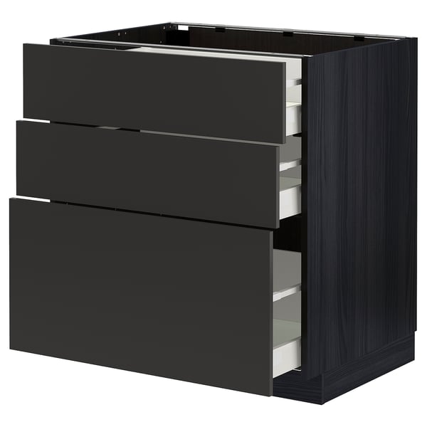 METOD / MAXIMERA base cabinet with 3 drawers, black/Nickebo matt anthracite, 80x60 cm