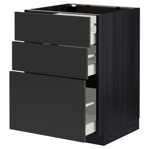METOD / MAXIMERA base cabinet with 3 drawers, black/Nickebo matt anthracite, 60x60 cm