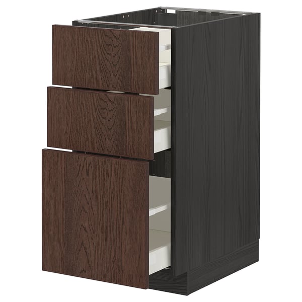 METOD / MAXIMERA base cabinet with 3 drawers, black/Sinarp brown, 40x60 cm