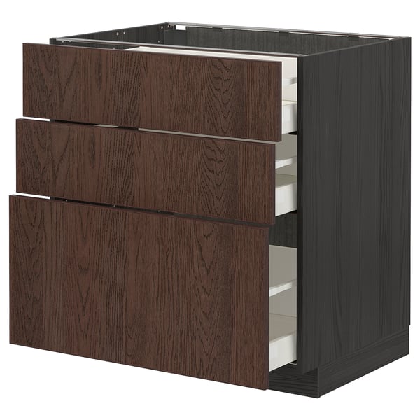 METOD / MAXIMERA base cabinet with 3 drawers, black/Sinarp brown, 80x60 cm