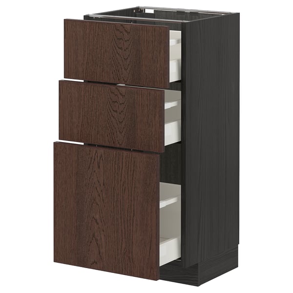 METOD / MAXIMERA base cabinet with 3 drawers, black/Sinarp brown, 40x37 cm