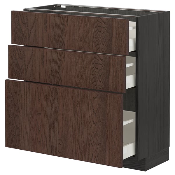 METOD / MAXIMERA base cabinet with 3 drawers, black/Sinarp brown