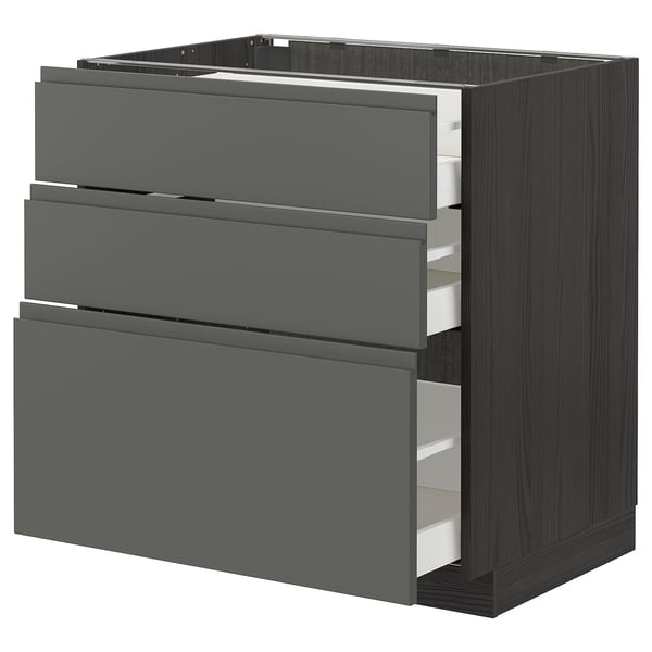 METOD / MAXIMERA base cabinet with 3 drawers, black/Voxtorp dark grey, 80x60 cm