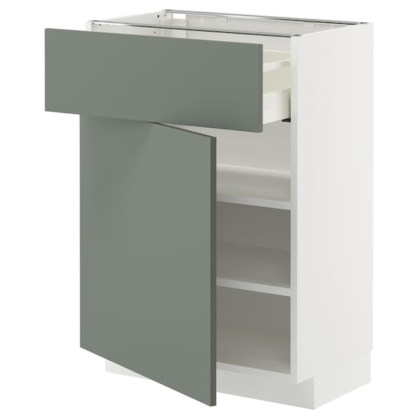 METOD / MAXIMERA - Base cabinet with drawer/door, white/Nickebo matt grey-green, 60x37 cm