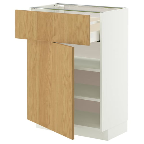 METOD / MAXIMERA base cabinet with drawer/door, white/Sinarp oak veneer, 60x37 cm