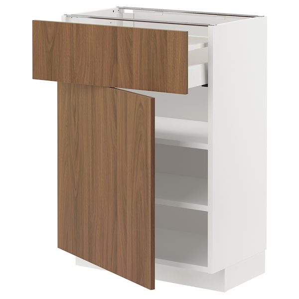 METOD / MAXIMERA - Base cabinet with drawer/door, white/Tistorp brown walnut effect, 60x37 cm