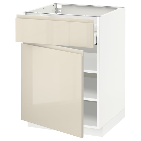 METOD / MAXIMERA - Base cabinet with drawer/door, white/Voxtorp high-gloss light beige, 60x60 cm