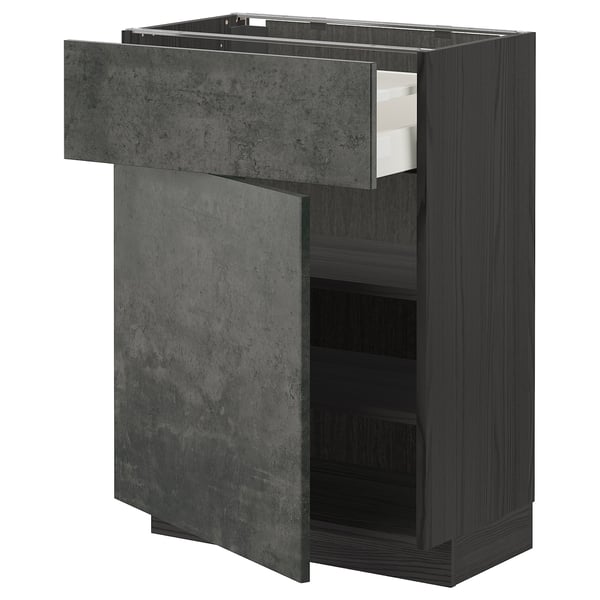 METOD / MAXIMERA base cabinet with drawer/door, black/Kalhyttan dark grey concrete effect, 60x37 cm