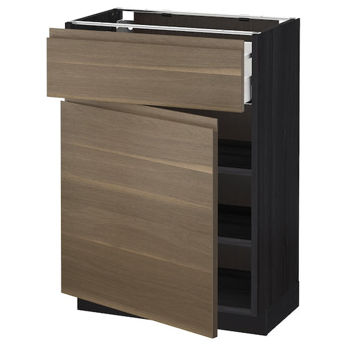 METOD / MAXIMERA - Base cabinet with drawer/door, black/Voxtorp walnut effect,60x37 cm