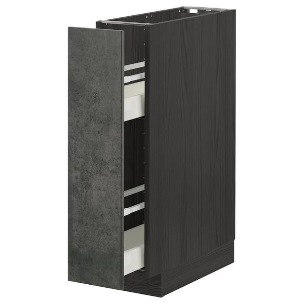 METOD / MAXIMERA base cabinet/pull-out int fittings, black/Kalhyttan dark grey concrete effect, 20x60 cm
