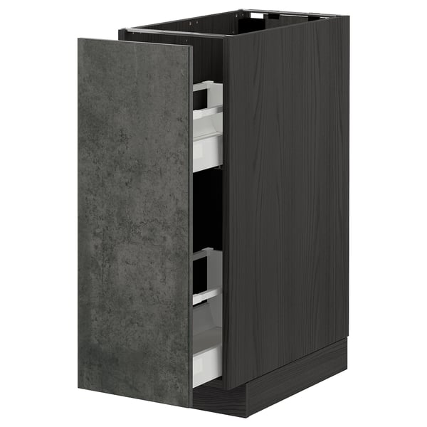 METOD / MAXIMERA base cabinet/pull-out int fittings, black/Kalhyttan dark grey concrete effect