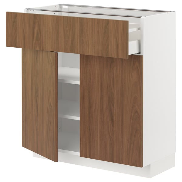 METOD / MAXIMERA base cabinet with drawer/2 doors, white/Tistorp brown walnut effect, 80x37 cm