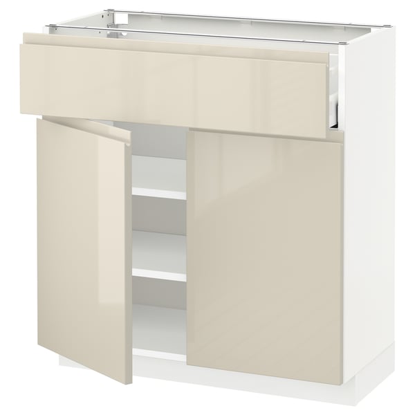 METOD / MAXIMERA base cabinet with drawer/2 doors, white/Voxtorp high-gloss light beige, 80x37 cm