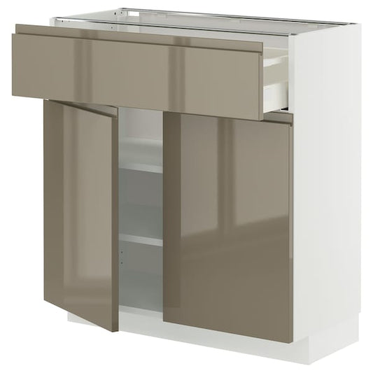 METOD / MAXIMERA - Base cabinet with drawer/2 doors, white/Voxtorp high-gloss dark grey-brown, 80x37 cm