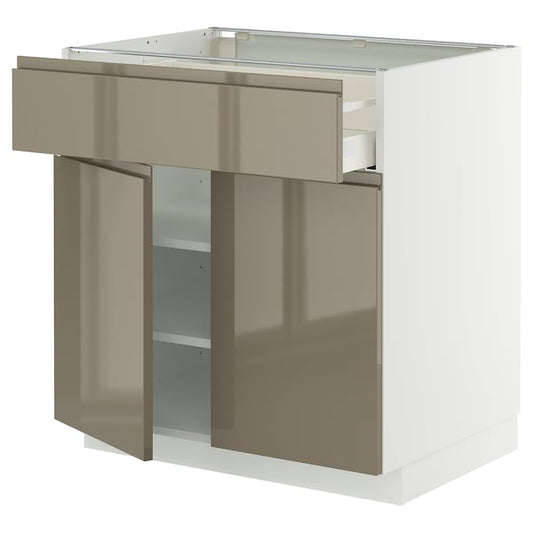 METOD / MAXIMERA - Base cabinet with drawer/2 doors, white/Voxtorp high-gloss dark grey-brown, 80x60 cm
