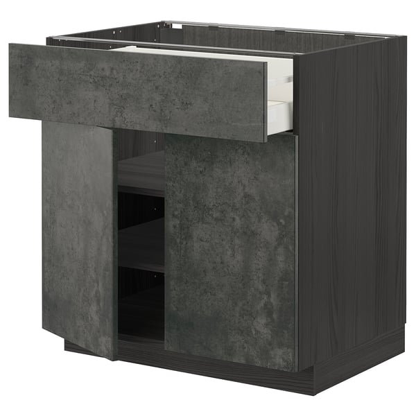 METOD / MAXIMERA base cabinet with drawer/2 doors, black/Kalhyttan dark grey concrete effect, 80x60 cm