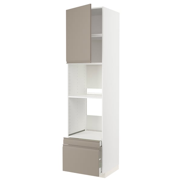 METOD / MAXIMERA hi cab f ov/combi ov w dr/2 drwrs, white/Upplöv matt dark beige, 60x60x240 cm