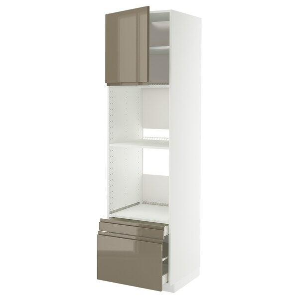 METOD / MAXIMERA hi cab f ov/combi ov w dr/2 drwrs, white/Voxtorp high-gloss dark grey-brown, 60x60x220 cm