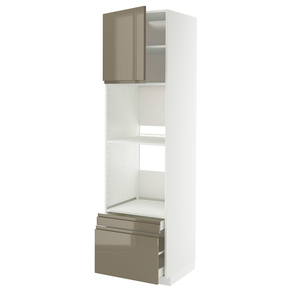METOD / MAXIMERA hi cab f ov/combi ov w dr/2 drwrs, white/Voxtorp high-gloss dark grey-brown, 60x60x220 cm