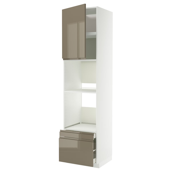 METOD / MAXIMERA hi cab f ov/combi ov w dr/2 drwrs, white/Voxtorp high-gloss dark grey-brown, 60x60x240 cm
