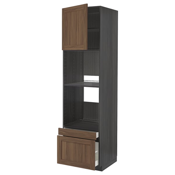 METOD / MAXIMERA - METOD / MAXIMERA Hi cab f ov/combi ov w dr/2 drwrs, black Enköping/brown walnut effect, 60x60x220 cm