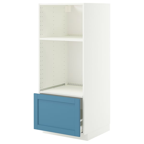 METOD / MAXIMERA oven/micro cabinet with drawer, white/Lerhyttan blue, 60x60x140 cm