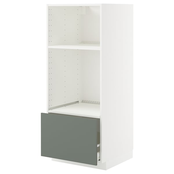METOD / MAXIMERA high cab for oven/micro w drawer, white/Nickebo matt grey-green, 60x60x140 cm