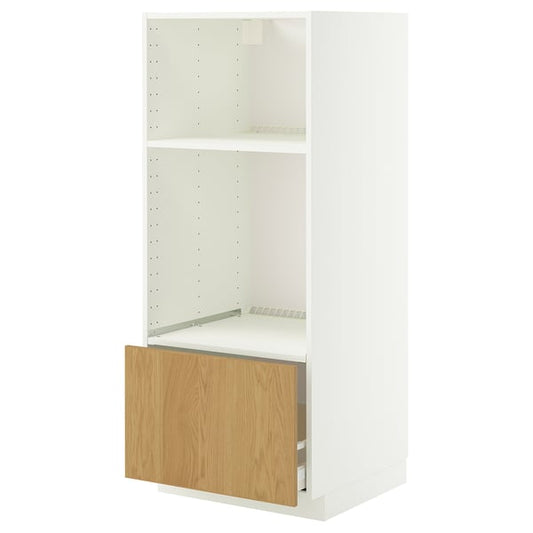METOD / MAXIMERA oven/micro cabinet with drawer, white/Sinarp oak veneer, 60x60x140 cm