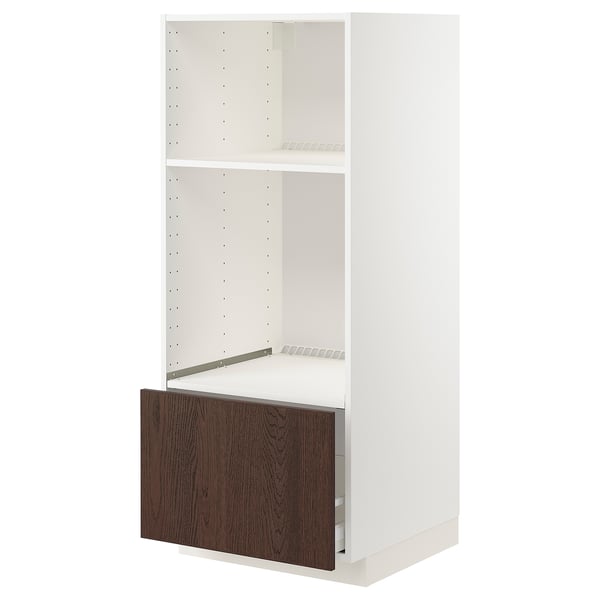 METOD / MAXIMERA - High cab for oven/micro w drawer, white/Sinarp brown , 60x60x140 cm