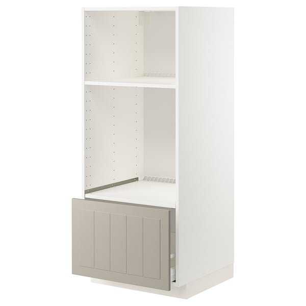 METOD / MAXIMERA - High cab for oven/micro w drawer, white/Stensund beige , 60x60x140 cm