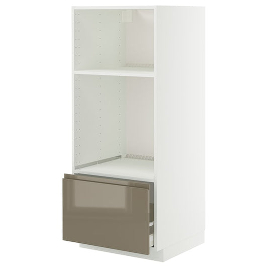 METOD / MAXIMERA - High cab for oven/micro w drawer, white/Voxtorp high-gloss dark grey-brown, 60x60x140 cm