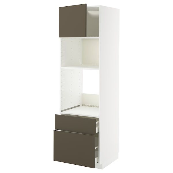 METOD / MAXIMERA - Oven cabinet/microwave/anta/2cassette, white/Havstorp brown-beige,60x60x200 cm