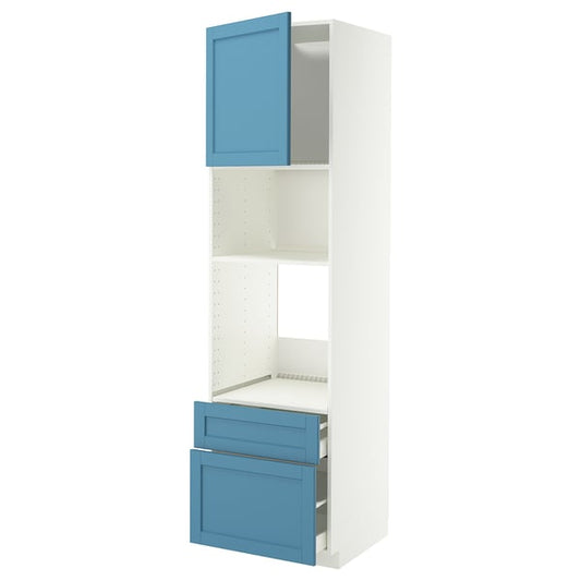 METOD/MAXIMERA oven/microwave/anta/2cassette cabinet, white/Lerhyttan blue, 60x60x220 cm