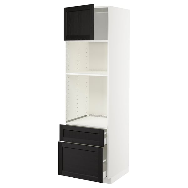 METOD / MAXIMERA - High cab f oven/micro w dr/2 drwrs, white/Lerhyttan black stained , 60x60x200 cm
