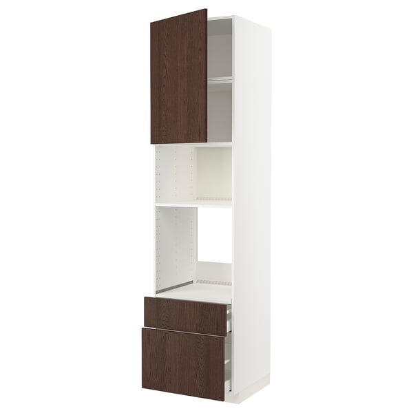 METOD / MAXIMERA - High cab f oven/micro w dr/2 drwrs, white/Sinarp brown , 60x60x240 cm