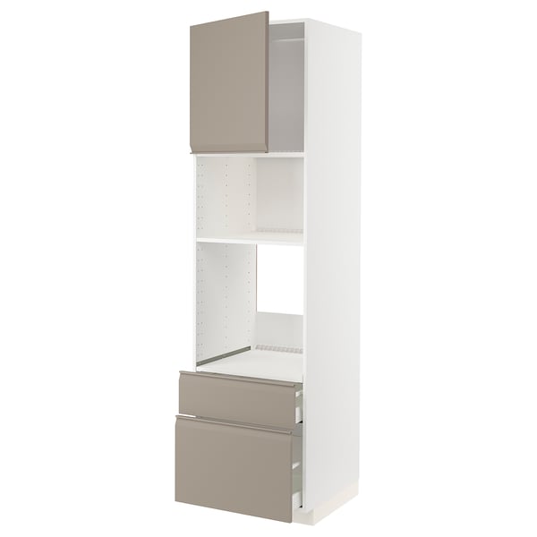 METOD / MAXIMERA - METOD / MAXIMERA High cab f oven/micro w dr/2 drwrs, white/Upplöv matt dark beige, 60x60x220 cm