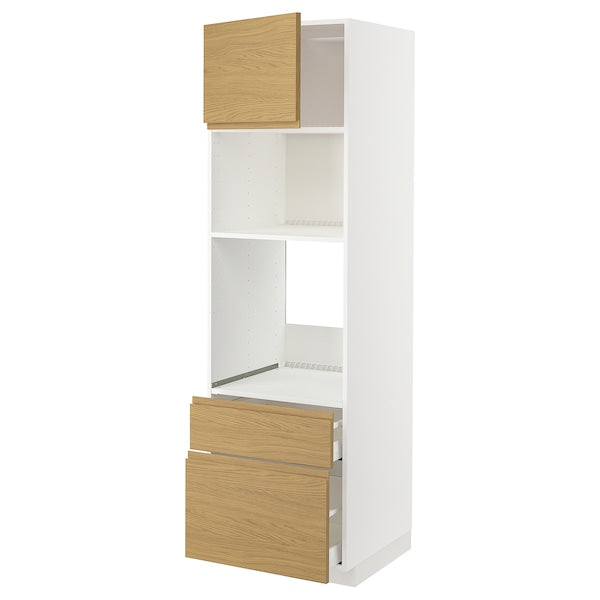 METOD / MAXIMERA - Oven/Microwave/Microwave cabinet/2 drawers, white/Voxtorp oak effect,60x60x200 cm