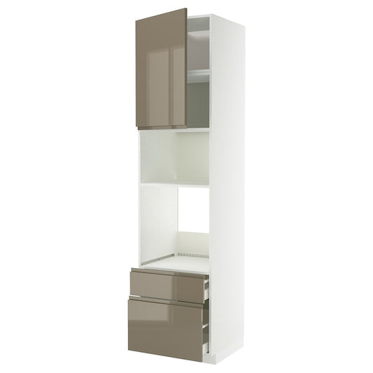 METOD / MAXIMERA - High cab f oven/micro w dr/2 drwrs, white/Voxtorp high-gloss dark grey-brown, 60x60x240 cm