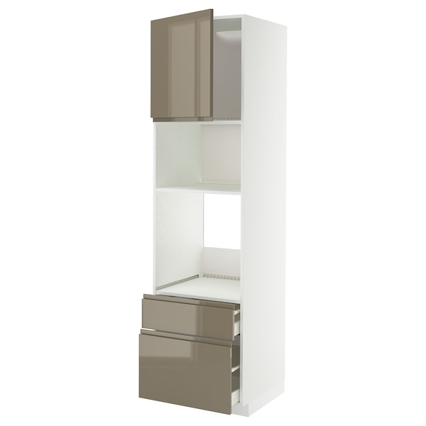 METOD / MAXIMERA - High cab f oven/micro w dr/2 drwrs, white/Voxtorp high-gloss dark grey-brown, 60x60x220 cm