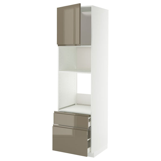 METOD / MAXIMERA - High cab f oven/micro w dr/2 drwrs, white/Voxtorp high-gloss dark grey-brown, 60x60x220 cm